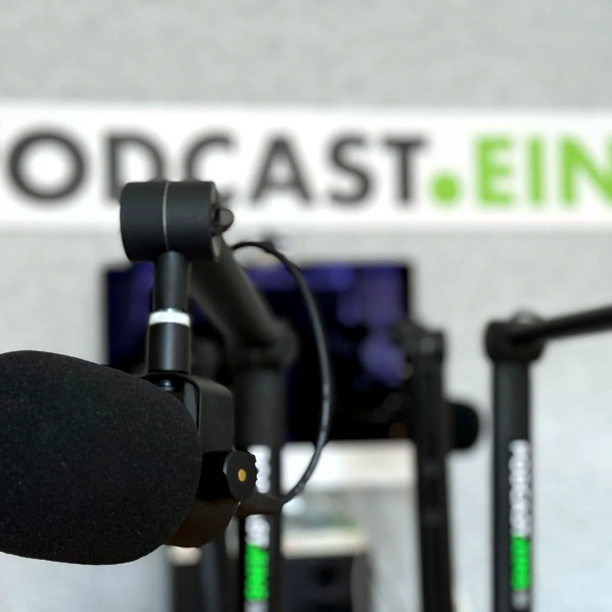 Mikrofon mit PODCAST.EINS-Logo vor der Studiowand
